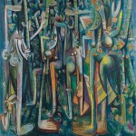 A square canvas with most blue and green shows fantasy characters, half hidden on sugar cane wooden shelves