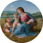 A painting showing Madonna (blue and pink) holding a naked Christ child who was holding a wooden cross as he was watching from the Baptist baby John (in his camel-hair coat). See them in idyllic idyllic scenes.
