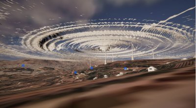 A virtual reality game showing the sound explosion of wind turbines. 