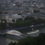 PARIS, France - July 26: A ship with members of a Brazilian delegation sails across the Passerelle Debilly bridge on the Seine River on July 26, 2024, Paris Moosed Art de Debilly Modernization in Paris on July 26, 2024, Paris, France, Paris, France, Paris, France. (Picture by Luis Robayo -Pool/Getty Images)