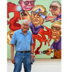 An elderly man wearing glasses smiling on the camera. Behind him is a very crazy painting about four men similar to glasses, one of which pops up from his gourd.