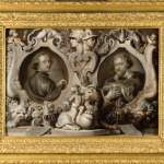 Thick gold frame in portrait of two men.