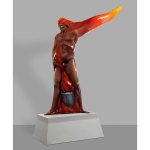 A fiberglass sculpture of a brown man whose body merges into the flames.