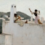 Painting of two characters playing musical instruments on the roof of a white building
