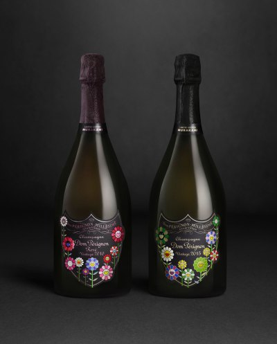 Two champagne bottles come with labels designed by Murakamiyama. 
