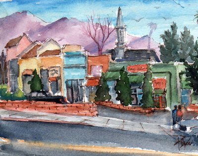 A watercolor displays the street landscape in Altadena with purple background. 
