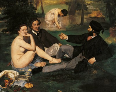 A painting of a naked woman sitting on a picnic blanket, with two men in clothes lying next to her.