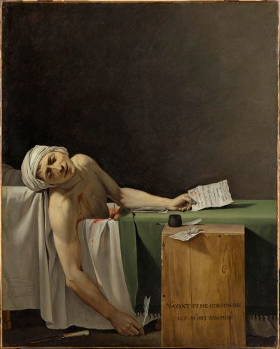 A man was cut in a bathtub with a chest. He held a quill in one hand and a letter in the other. 