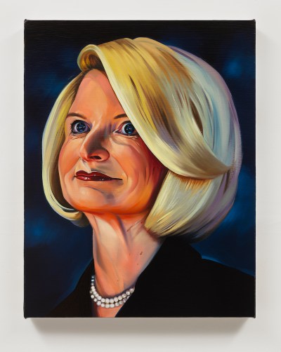 A painting of a woman with a blonde bob.