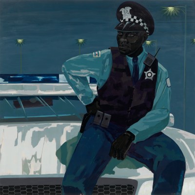 A painting of a black police officer sitting in a car.