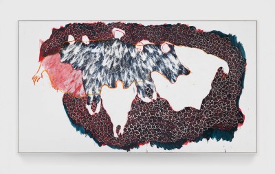 A swirling organic painting of pinks, grays and browns.