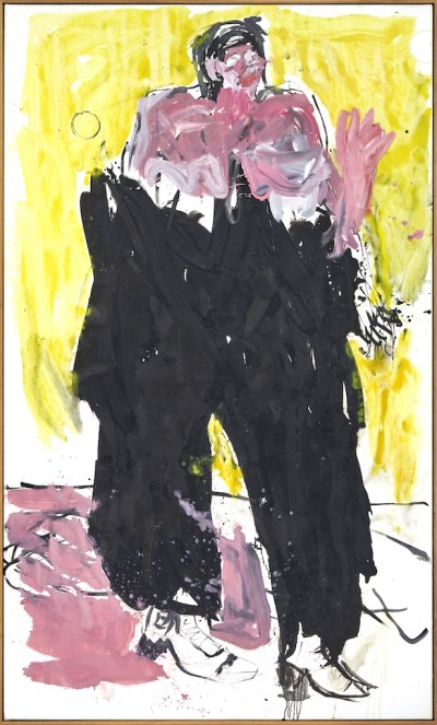 It's a very cool, very vibrant painting where the figure is probably wearing black pants.