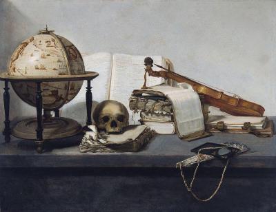 Jan Davidsz. de Heem, 'Vanitas Still life with Books, a Globe, a Skull, a Violin and a Fan', after 1623.