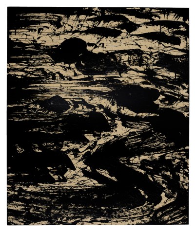 An abstract painting with inky black marks.