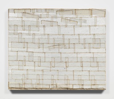 An off-white painting with various incised marks.