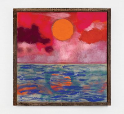 A painting of a sunset of water.