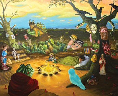 A painting showing various pop culture items like Superman, Astro burger, a Christ sculpture around a camp fire.