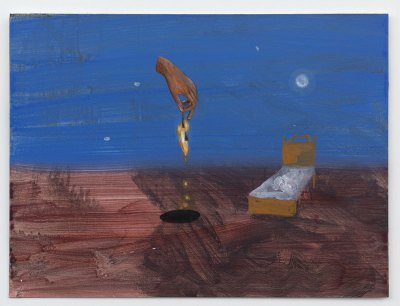 A painting of a severed hand holding a key over a black hole and a bed to the left.