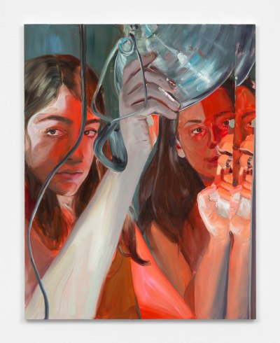A painting showing a woman holding a spotlight at a distorted reflection.