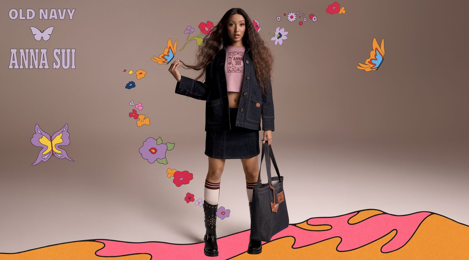 Old Navy x Anna Sui denim chore jacket 89.99 Seamed denim mini skirt 39.99 Ringer T-shirt 24.99 Tote bag 29.99