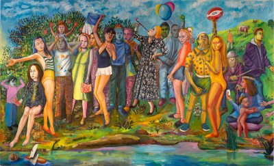 A painting of many people in varying colors standing beside a river.
