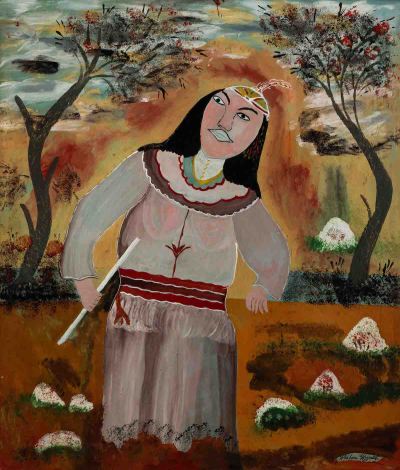 A painting of a figure in a white shawl standing amid two trees.