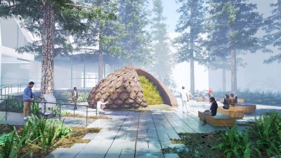 A rendering of a sculpture in Sequoia Park that looks like a pile of dirt that has been cut away to reveal the grass growing inside. 