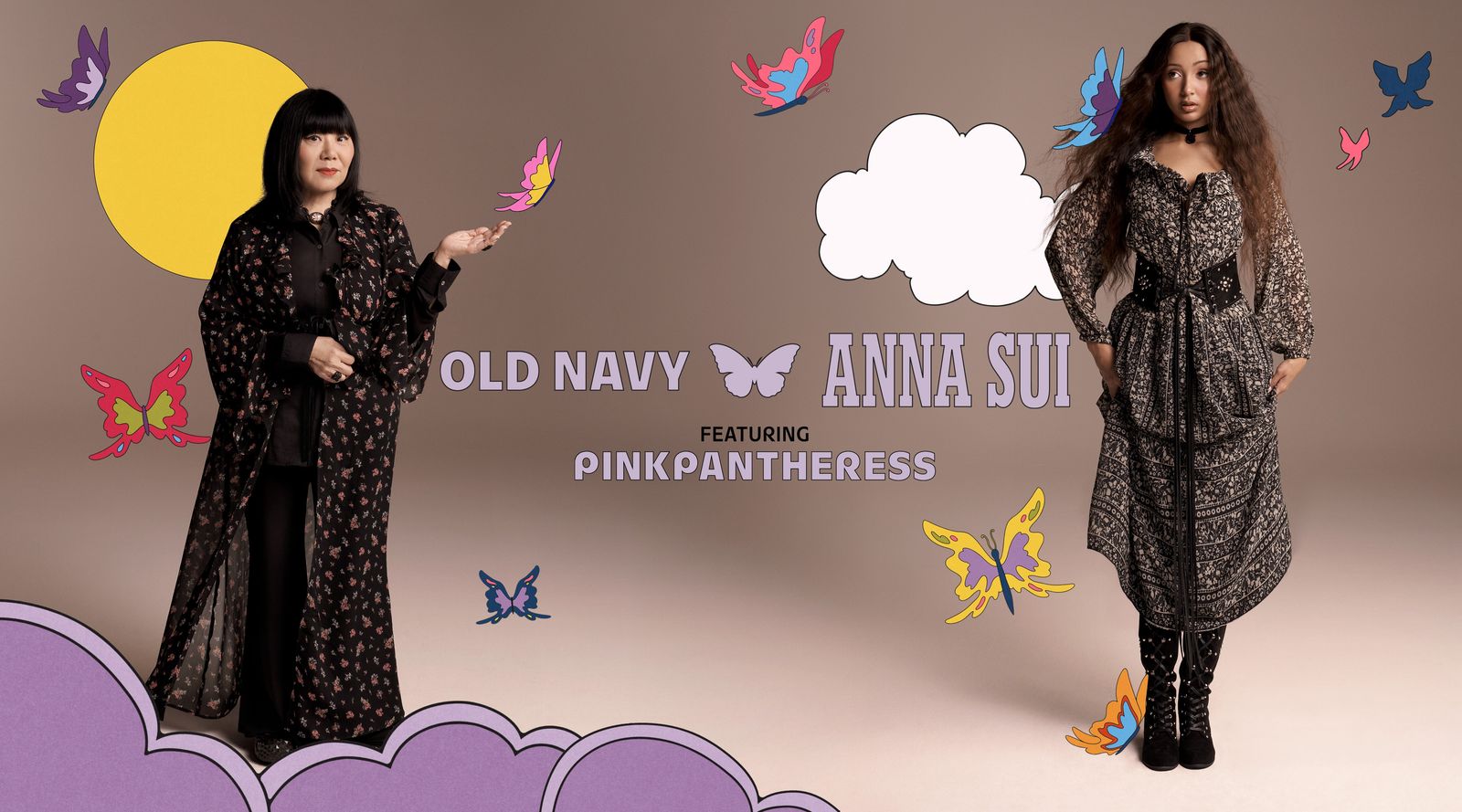 Anna Sui in chiffon rag and PinkPantheress in chiffon maxi dress from the collection