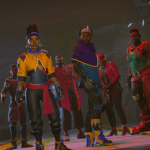 Several black characters in futuristic clothes are looking at the camera in video game screenshots.