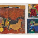 View of a wide painting composed of various semi-abstract scenes.