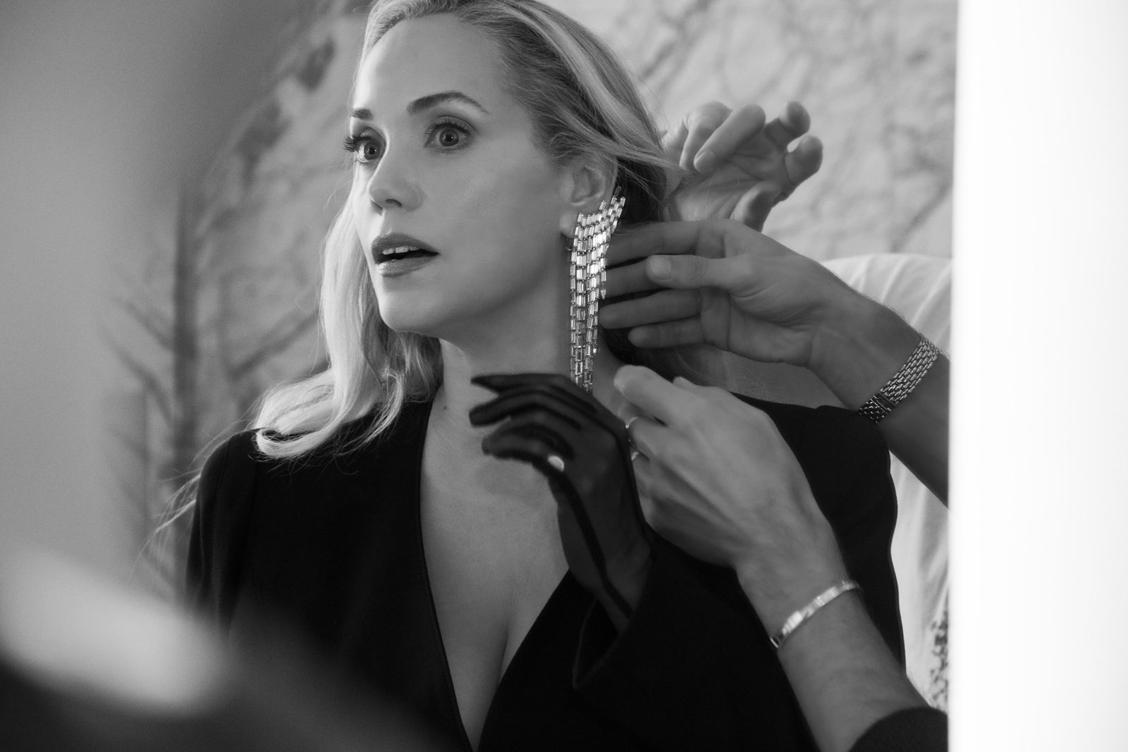 Berkley prepares for the Mugler show. “A earring is so stylish and unique – I love the perfect expression…
