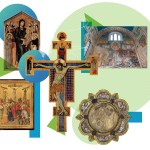 a collage showing 13th and 14th century objects like paintings and altarpieces on a green and blue patterned background
