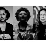 Composite image showing black and white portraits of Diane Lima, Rosana Paulino and Adriana Varejão.