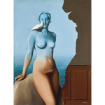 A painting of a naked woman standing by the sea. She disappeared partly, a dove lying on her shoulder.