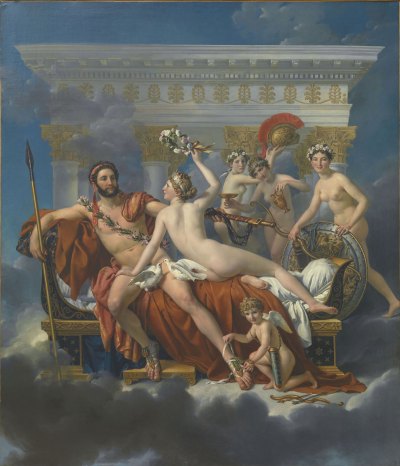 The painting shows Mars on a reclining chair in the clouds, with an architectural element behind him. Venus tries to crown him under the gaze of the three goddess Miei. 