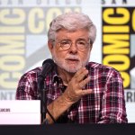 SAN DIEGO, CA - July 27: George Lucas debuted on July 27, 2025 at the Lucas Museum of Narrative Arts exhibition board at the 2025 International Comic Exhibition at the San Diego Convention Center in California. (Photo by Eric Chabono/Lucas Museum of Narrative Art, Photographed by Getty Images)