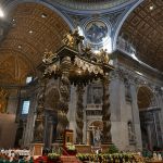 One photo shows the newly renovated Bardashin, a large Baroque carved bronze canopy with a high altar at St. Peter's Basilica, 2024.