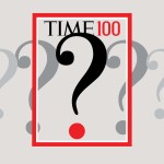 red frame with "Time 100" A series of question marks at the top and front