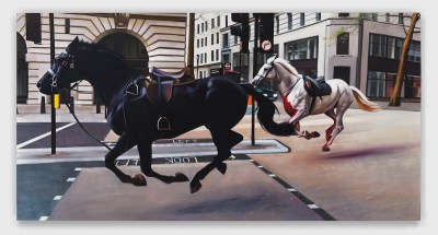 Painting of two horses without riders galloping down the street.