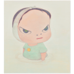 A picture of a little girl with small eyes standing in some water.