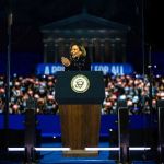 Democratic presidential candidate and U.S. Vice President Kamala Harris speaks at a campaign closing rally at the iconic base "rock steps" November 5, 2024 at the Philadelphia Museum of Art, Pennsylvania.