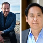 Two photos of men on the left, with a blue blazer on the left, black pants and shirt on the right, and a light blue shirt and gray blazer on the right.
