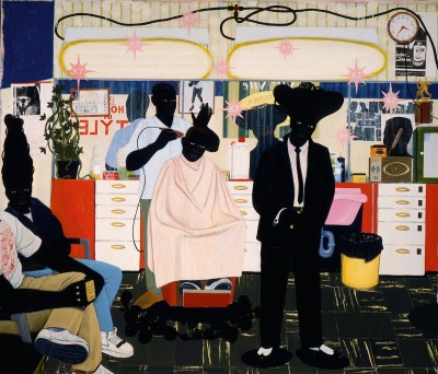 Paintings of black people in barbershops.