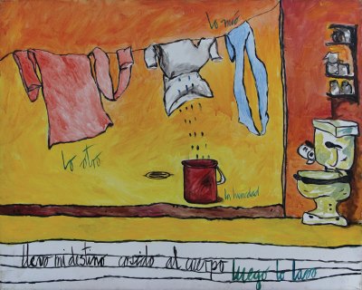 A drawing showing clothes drawing near a toilet.