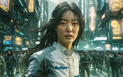 Digital image of a woman walking down a street packed with people. Behind her are glowing windows.