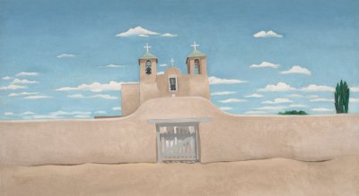 A painting shows a church in the American Southwest.