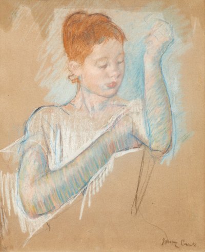 The pastel drawing on yellowed paper depicts a young girl donning long-arm gloves.