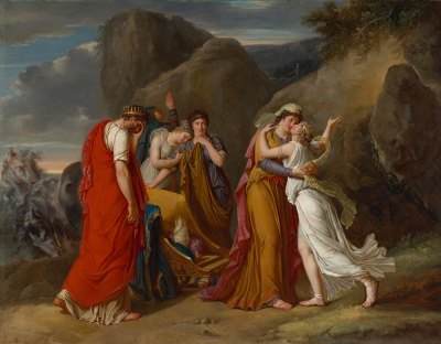 An 18th-century painting depicting two figures in Greco-Roman costume dancing as others look on. They are presented in the form of landscape paintings.