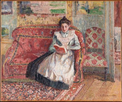 A painting of a woman sitting on a red sofa reading a book.