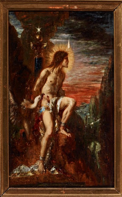 A painting of Prometheus chained to a rock, with a bird tearing at his wounds.